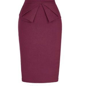 Wine Stretchy Ruffled Work Pencil Skirt - Small